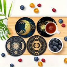 一套6个圆形木质杯垫 - 星月图案，复合木质杯垫，适用于咖啡杯和茶杯，阿拉伯风格派对装饰，家居和餐桌装饰，理想的派对礼物 - 彩色 - 查看 3