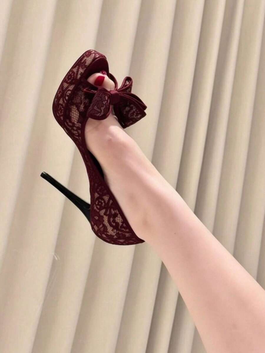 2026 Nuevas sandalias de plataforma con punta abierta y punta descubierta, con encaje bordado y lazo, impermeables, tacones altos y stilettos sexy para mujeres