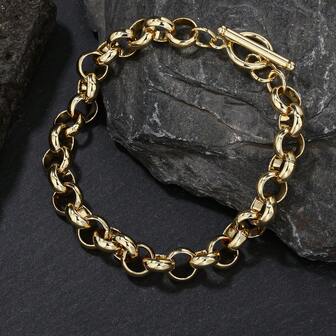 1pc 18K Gold Plated Copper 10mm Smooth Round Hoop Bracelet With Fashionable OT Clasp, Unisex Hiphop Style Versatile Everyday Wear, Holiday Gift