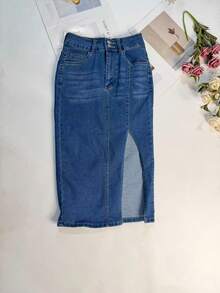 Women's Casual Long Denim Skirt With Front Slit Medium Stretch Straight Fit Blue Jeans Skirt - Blue - View 6