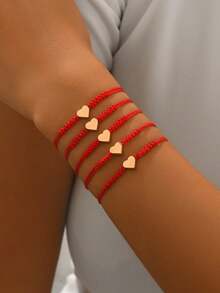 5条/套 休闲百搭简约CCB心形幸运红绳手链，适合女性日常通勤、派对搭配、情人节礼物 - 紅色 - 查看 1