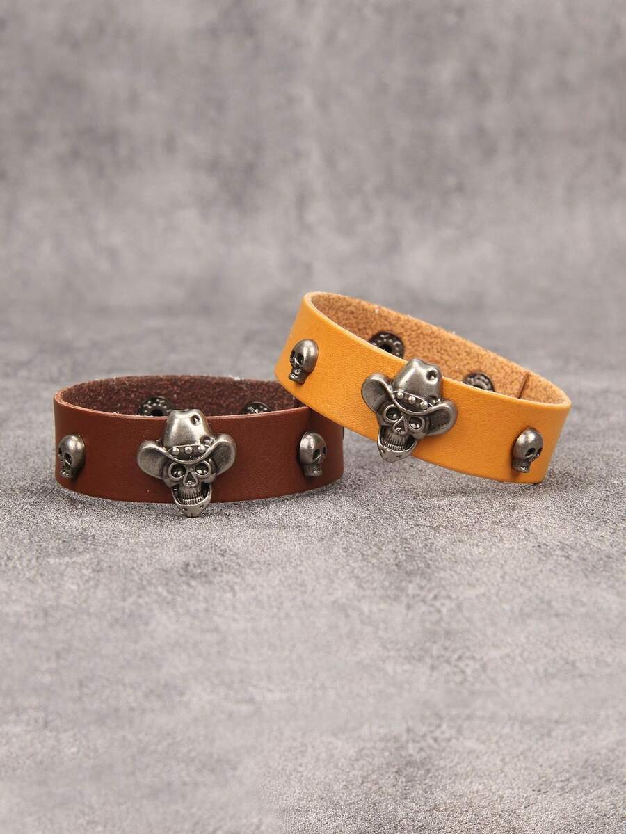 时尚骷髅头合金皮手链，可调节扣环，适合狂欢节、摇滚音乐派对等场合，男女皆宜。