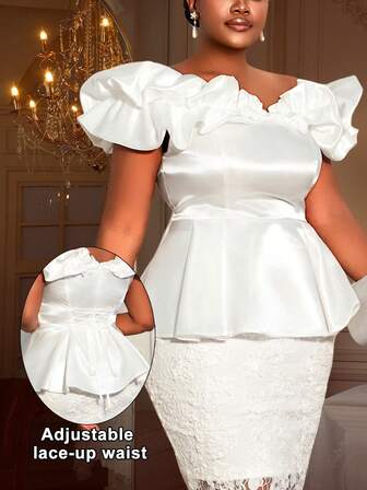 女士加大码白色缎面荷叶边上衣，荷叶袖，系带露背露肩，时尚派对上衣，适合派对和婚礼穿着