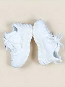 Men's Casual Sports Shoes, Fashion New Versatile Men's Bread Shoes, Comfortable Lightweight Thick Sole Non-Slip Lace-Up Sneakers, Suitable For Campus, Teenagers, Students, Color Block Casual Shoes With Comfortable Leather Lining And Low-Top Lace-Up Design - White - View 2