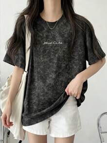 日系女式宽松圆领时尚百搭字母印花扎染短袖T恤，春夏款 - 黑色 - 查看 1