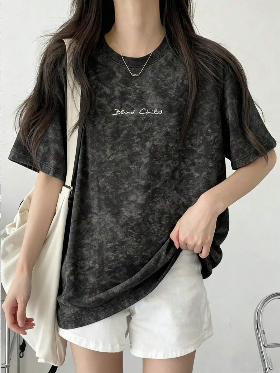 日系女式宽松圆领时尚百搭字母印花扎染短袖T恤，春夏款 - 黑色 - 查看 1