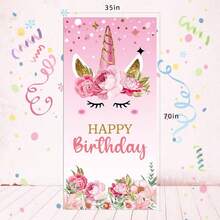 70x35 Inch 2D Door Curtain Unicorn Happy Birthday Backdrop, Pink Floral & Rainbow Unicorn Design - Pastel Magical Party Decor With Happy Birthday Banner, Suitable For Girls Birthday Party, Baby Shower, Princess Party Supplies - Paper/Polyester - Multicolor - View 3