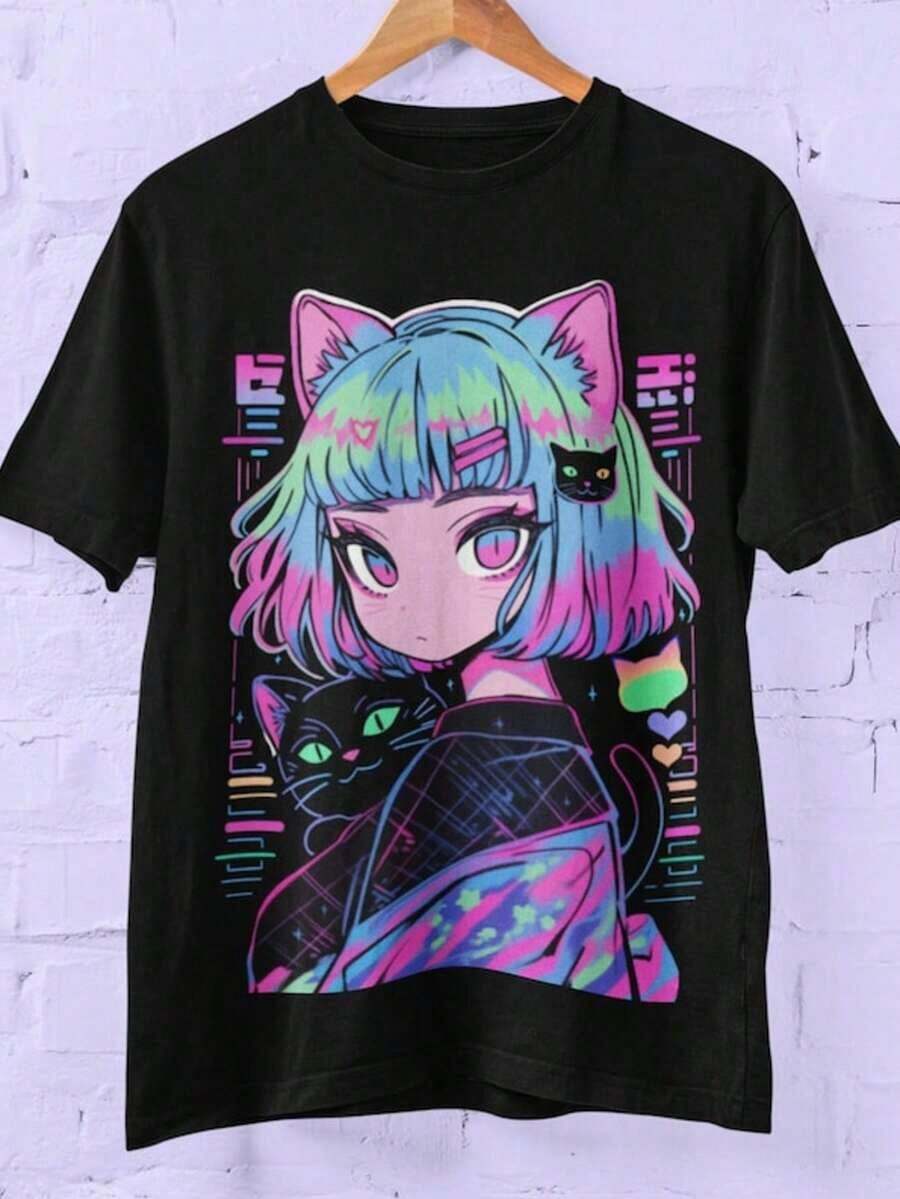 1Pcs,2026,Anime Catgirl Retro Japanese Streetwear Shirt, Glitchcore Kawaii Dark Pastel Goth Punk Fashion Manga Style Shirt, Unisex Cotton Top,Vintage Summer Tops For Women - 黑色 2 - 查看 1