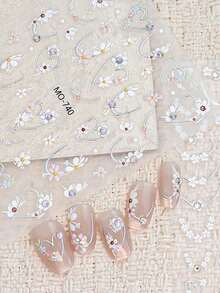 2片浮雕花卉金银爱心法式美甲贴纸，白色和粉色花瓣，水钻，金属弧形美甲贴花，优雅自粘美甲配件，DIY用品 - 彩色 - 查看 8
