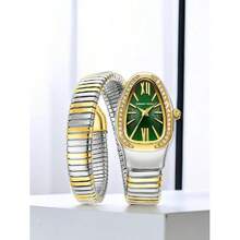 Women's Modern Snake Cuff Bracelet Design Quartz Stainless Steel Watch, Rhinestone Decor Exquisite  Analog Wristwatch, Rhinestone Decorated Fashionable Gold Watches For Women As Gift, Accessories, Jewellery - trắng - Xem 3