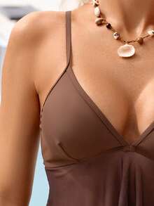 这款休闲高弹力女士泳衣采用优雅的网纱上衣和独特的波西米亚佩斯利印花比基尼泳裤，是夏季的理想之选。度假海滩 - 咖啡棕 - 查看 4