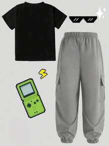Tween Boy Letter Graphic Print Short Sleeve T-Shirt And Cargo Pants Set - Black - View 2