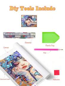 5D DIY 鑽石畫套件 夢幻花卉少女與青綠色蝴蝶，鮮豔紫色與藍色花卉背景、柔和漸層色畫布牆面藝術印花，居家裝飾鑽石畫馬賽克套件，DIY 自製牆面藝術 - 彩色 - 查看 3