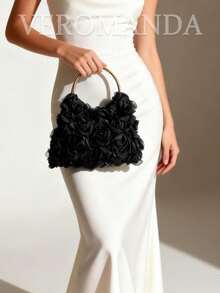 Elegant Rose Flower Clutch Purse, Women Formal Dress Party Handbag, Gentle Sweet Girl's Shoulder Bag, Solid Color Bucket Bag, Bridal Purse - màu đen - Xem 2
