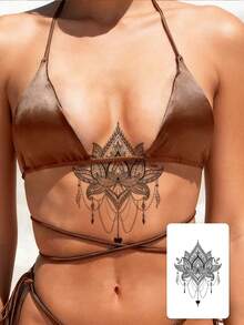 1pc Fashionable Washable Mandala Lotus Flower Tattoo Sticker, Exotic Vintage Decor For Waist/Abdomen, Delicate Floral Waterproof & Sweat-Proof Temporary Tattoo Sticker - Black - View 1