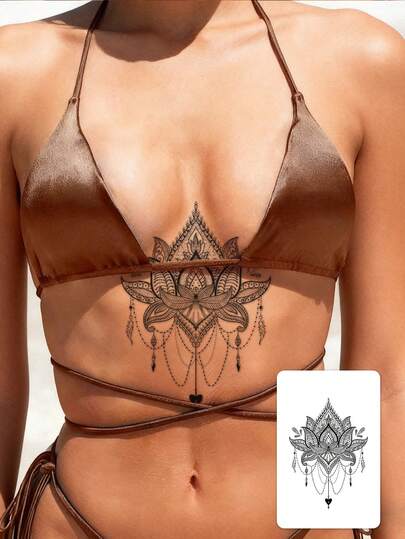 1pc Fashionable Washable Mandala Lotus Flower Tattoo Sticker, Exotic Vintage Decor For Waist/Abdomen, Delicate Floral Waterproof & Sweat-Proof Temporary Tattoo Sticker
