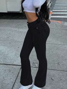 GILIPUR High-Waisted Flare Fit Black Jeans, Stretchy Y2K Style Women's Pants, Elegant Casual Streetwear Bottom - Black - View 6