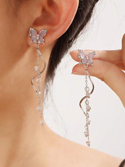 1 Pair Fashionable Elegant Ombre Purple Butterfly Long Tassel Spiral Drop Earrings, Delicate & Sweet Earrings For Women