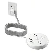 Power Socket With Anti-Surge And Power Switch, Flat Braided Wire Length Of 1.5 Meters, Wall-Mountable, Disk-Shaped Desktop Mobile Power Supply, 7-In-1 Small Power Socket, Including 3 AC Outlets, 2 USB-A Ports And 2 USB-C Ports. - 美規B型插(110-127V) - 查看 9