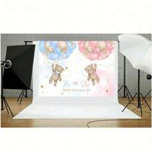 1pc Gender Reveal Backdrop, Boy/Girl Family Party Photography Background, Blue Or Pink Bear Banner Prop - Multicolor - View 5