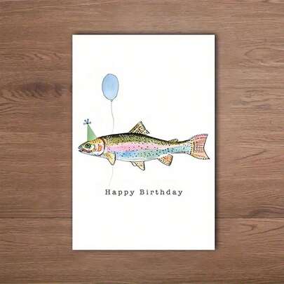1张趣味鱼主题生日贺卡，适合所有年龄段，附信封，高品质印刷，尺寸为6.29 x 4.33英寸，采用优质纸张，通用生日祝福，适用于男士、女士、家人和朋友，鱼和气球图案设计。