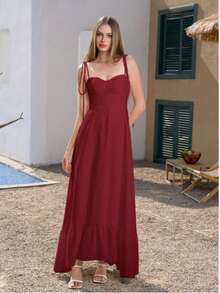 Long Dress With Tie Straps, No Padding, With Elastic At The Back, MARRANT Fabric, Spring/Summer, Suspender Style With Laces, Elegant, Beach, Off-The-Shoulder, Long, Loose, Layered Skirt, Boho, Sexy, Backless, Casual, Stylish. - Màu Đỏ Sâu - Xem 3