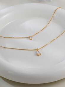 1pc Minimalist Water Drop Cubic Zirconia Double Layer Pendant Necklace, Suitable For Women's Daily, Date, Party Wear - Yellow Gold - View 4