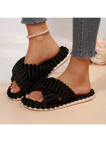 女士露趾记忆棉拖鞋，交叉绑带设计，秋冬季室内毛绒拖鞋