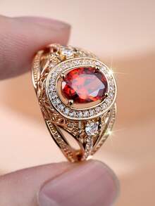 1pc Elegant Classic Red Oval Zirconia Wide Band Ring, Decorated With Exquisite Pattern, Women's Fashion Classic Jewelry, Party Jewelry - Red - View 8