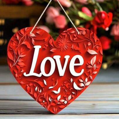 1件情人节木质心形标牌，浪漫红色爱情墙饰挂牌，室内家居美学悬挂装饰品，关于爱情的礼物，情侣情人节装饰
