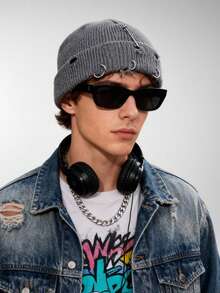 Novo Gorro de Malha Rasgado de Outono/Inverno, Boné de Estilo Streetwear Unissex, Gorro de Malha Versátil, Gorro de Malha com Buraco de Corrente Estilo Europeu e Americano, Gorro Quente Unissex para Uso Externo, Gorro de Top Plano, Gorro Redondo de Cor Sólida - Multicolorido - Visão 7