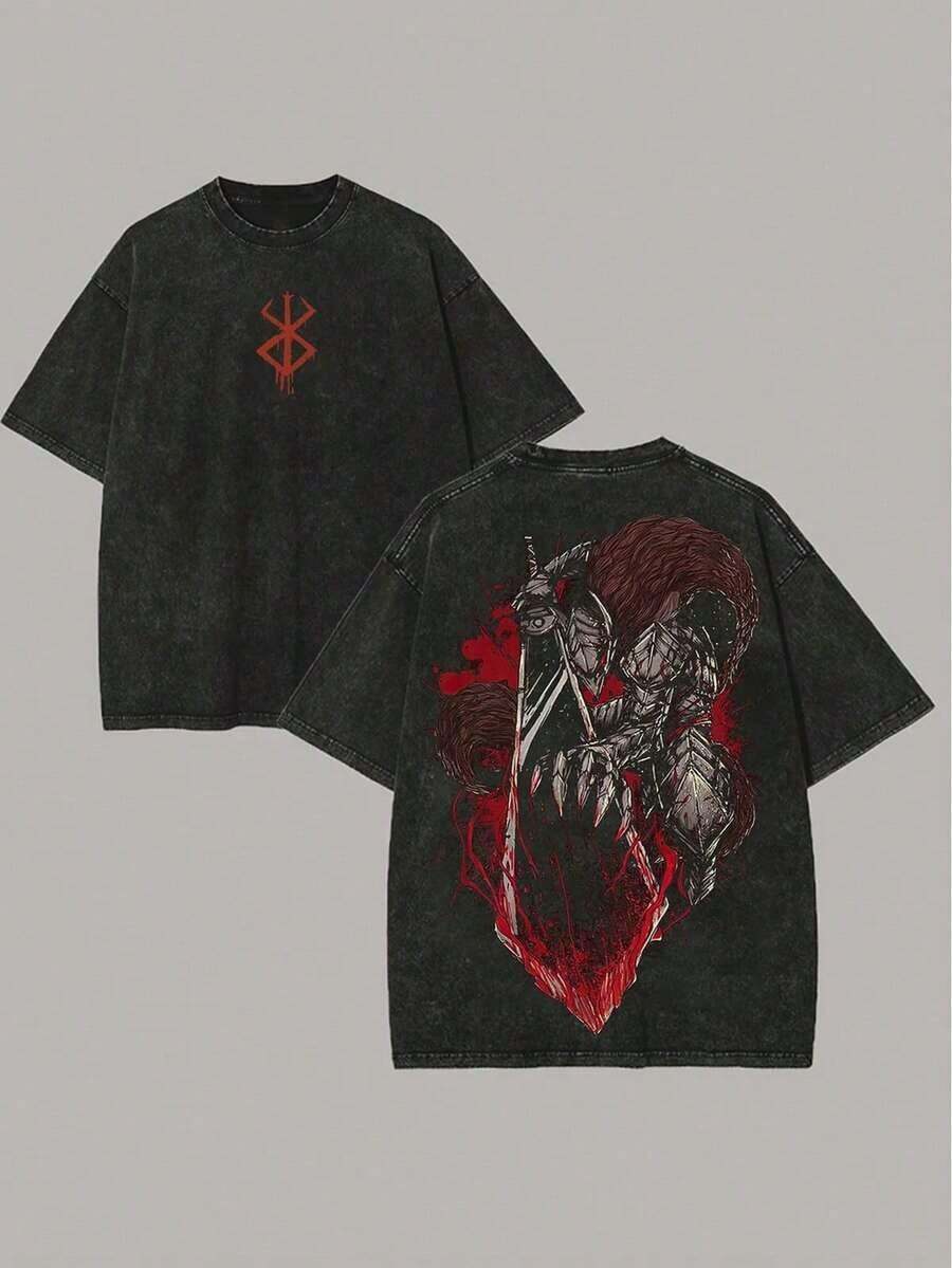 Men's Retro Washed Short-Sleeved Shirts, Berserker Retro Printed Unisex Washed T-Shirts, Comfortable Skin-Friendly Fabrics, Washed Cotton, Machine Washable, The Best Gift, A Must-Have Item For Spring And Autumn. - 黑色 - 查看 1