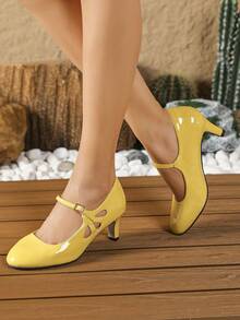 Women's Chunky Heels Pumps Mary Jane Hollow Out Round Toe Mid Kitten Heel Pumps Shoes Retro Shoes - Màu vàng - Xem 2