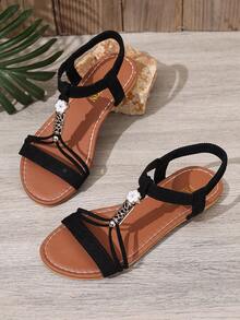 Women's Beaded Flat Sandals, Round Toe Thin Strap, Fashionable Bohemian Style, Black, New For Summer 2026 - Black - View 6