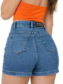 Saia Short Jeans Feminina – Modelo Transpassado com Botões, Cintura Alta - Lavagem Média - Visão 3