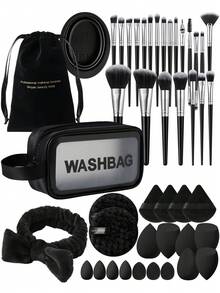 45PCS Makeup Tools Set Including:22PCS Makeup Brush Set+1pc Makeup Brush Cleaning Tools+1pc Flannelette Bag+1pc Multi-Functional Zipper Toiletry And Cosmetic Bag Waterproof+1pc Hairband+2PCS Facial Cleansing Sponges+4PCS Triangle Powder Puffs+6PCS Makeup Sponges+4PCS Mini Makeup Sponges+3PCS Mini Air Cushion Powder Puffs,Beginner-Friendly | Travel-Ready & Gift-Ready | Perfect For Newbies/Her,Giveaways,Professional Makeup Brushes,Complete Makeup Set - Multicolor - View 1