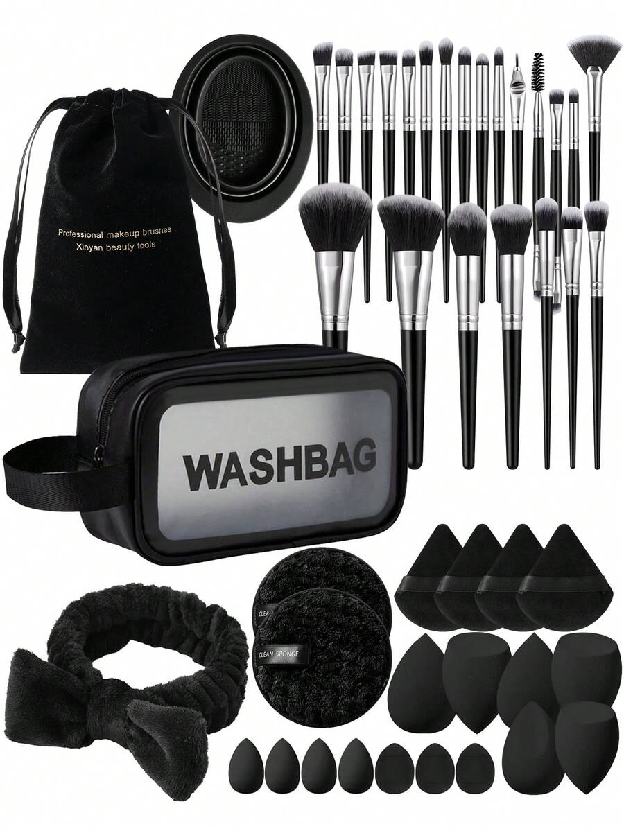 45PCS Makeup Tools Set Including:22PCS Makeup Brush Set+1pc Makeup Brush Cleaning Tools+1pc Flannelette Bag+1pc Multi-Functional Zipper Toiletry And Cosmetic Bag Waterproof+1pc Hairband+2PCS Facial Cleansing Sponges+4PCS Triangle Powder Puffs+6PCS Makeup Sponges+4PCS Mini Makeup Sponges+3PCS Mini Air Cushion Powder Puffs,Beginner-Friendly | Travel-Ready & Gift-Ready | Perfect For Newbies/Her,Giveaways,Professional Makeup Brushes,Complete Makeup Set - Multicolor - View 1
