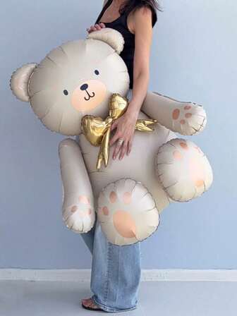 71cm Cute Sitting Bear Foil Balloon In Milky White With Gold Bow - Paired With 10-Inch Sand White, Champagne Latex Balloons. Adorable Sitting Design, Suitable For Birthday, Anniversary, Wedding, Valentine's Day Party Decor, Christmas Decor, Wedding Ceremony, Holiday Celebration. Reusable Lightweight Decoration, Event Supplies, Celebration Occasion.