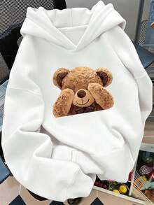 Sudadera de mujer con estampado de oso cubierto Adorable sudadera con capucha y bolsillos con estampado de osito Doodle. Sudadera con cordón cálida y cómoda. Sudadera con capucha informal de color liso para mujer. - Blanco - Ver 1