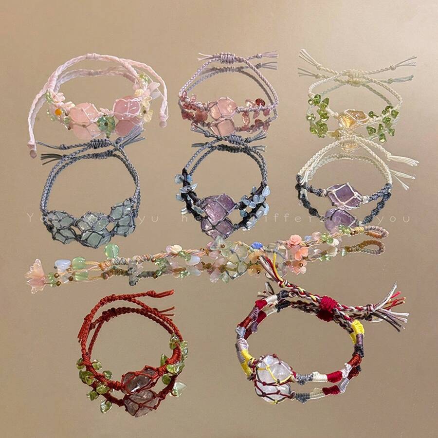 1Piece Hand-Woven Natural Stone Flower Bracelet, Forest-Style Fresh Niche Design For Women Daily Wear Date Gift All Seasons Fashion Jewelry - Phong cách Chín - Xem 1
