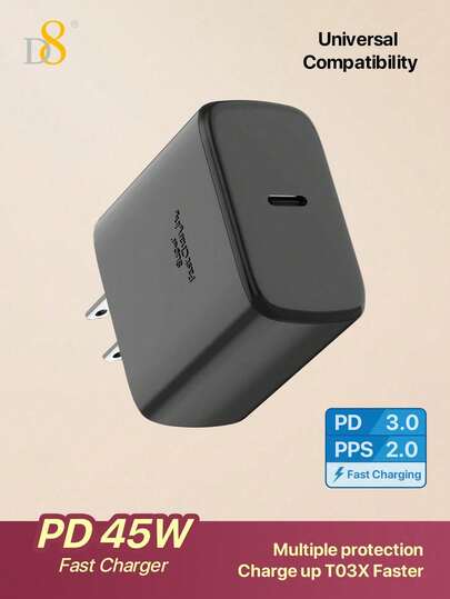 2025新款45W USB-C超快充墙充，单包装，高速Type-C墙充，支持PD快充，具备智能安全保护，过充保护和过热保护。便携小巧，轻薄便携，专为女性设计，适合居家、办公、旅行和日常使用。兼容三星Galaxy S24 Ultra/S24/S24+/S23 Ultra/S23，情人节礼物，男女皆宜。