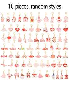 10pcs/Set Random Valentine's Day Theme Red & Pink Heart Keychains Set, Includes Heart & Bouquet Shaped Alloy Pendants, Unique Design, Surprise Gift. Elegant Gift Suitable For Holidays, Birthdays, And Parties. - Multicolor - View 11