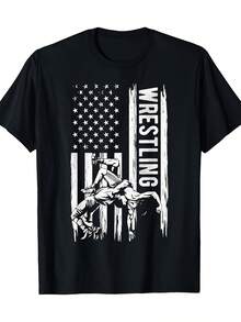 Camiseta de Lucha Vintage para Hombre de 220gsm - Negra con Bandera Americana Retro y Gráfico de Lucha - Estilo Streetwear con Diseño Clásico de Grappler - Ajuste Cómodo para Todas las Estaciones para Fanáticos de la Lucha y Ropa Patriótica - Camiseta de Manga Corta con Cuello Redondo, Tela de Algodón Duradera, Impresión de Alta Calidad - Negro - Ver 2