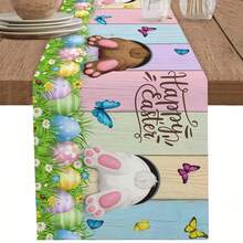 复活节兔子彩蛋花朵蝴蝶木纹桌旗派对装饰可水洗农舍厨房餐桌桌旗复活节装饰品 - 彩色 - 查看 2