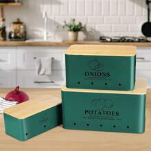 Kitchen Vegetable Storage Set Of 3, Metal Onion Garlic Potato Storage Set, Kitchen Canisters Vegetable Keeper Containers With Aerating Holes And Wooden Lid (Alpine Green) - 高山綠 - 查看 3