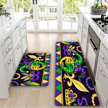 Mardi Gras Kitchen Mat - Colorful Jester Mask & Fleur-De-Lis Pattern, Purple Beads & Triangular Design, Non-Slip Washable Floor Mat For Kitchen Countertop Area, Fits White Tiled Floors - Idea - Multicolor - View 2