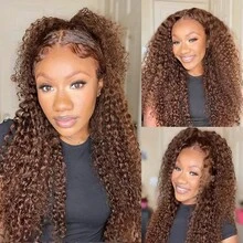 Chocolate Brown Kinky Curly Lace Front Wigs Human Hair For Women Pre Plucked With Natural Hairline 13x4 Deep Curly Brown Glueless Wig Transparent Lace Frontal Wigs - S4 - 查看 5