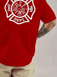 [Sporty T-Shirt]Men's Casual Fire Department Pattern T-Shirt- Bold Firefighter Print On Front And Back, Breathable Summer Short Sleeve Top, Regular Fit Round Neck, Machine Washable, Ideal Gift For Daily Comfort, Soft Texture, Printed Shirt, Adult Clothing, PLUS SIZERelaxed Plus Size T-Shirt - Đỏ - Xem 4