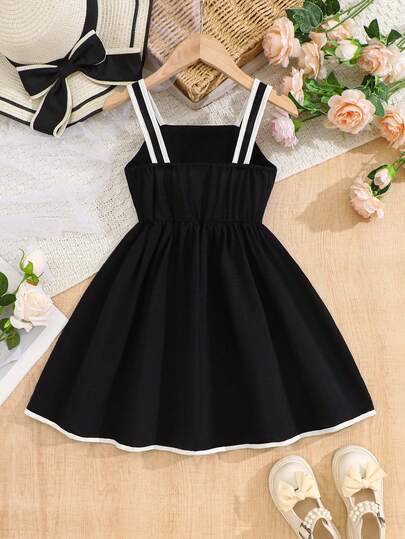 Girls' Summer Camisole Dress With Butterfly Bow Contrasting Color, White Border Waist Cinched A-Line Skirt, Fashionable And Casual Daily Party Dress