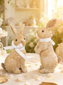 1pc Rabbit Figurine With White Ribbon - Farmhouse Style Easter Spring Home Decor, Cute Rabbit Tabletop Ornament, Suitable For Living Room, Bookshelf, Fireplace, Ideal Gift For Rabbit Lovers And Housewarming - Multicolor - View 2